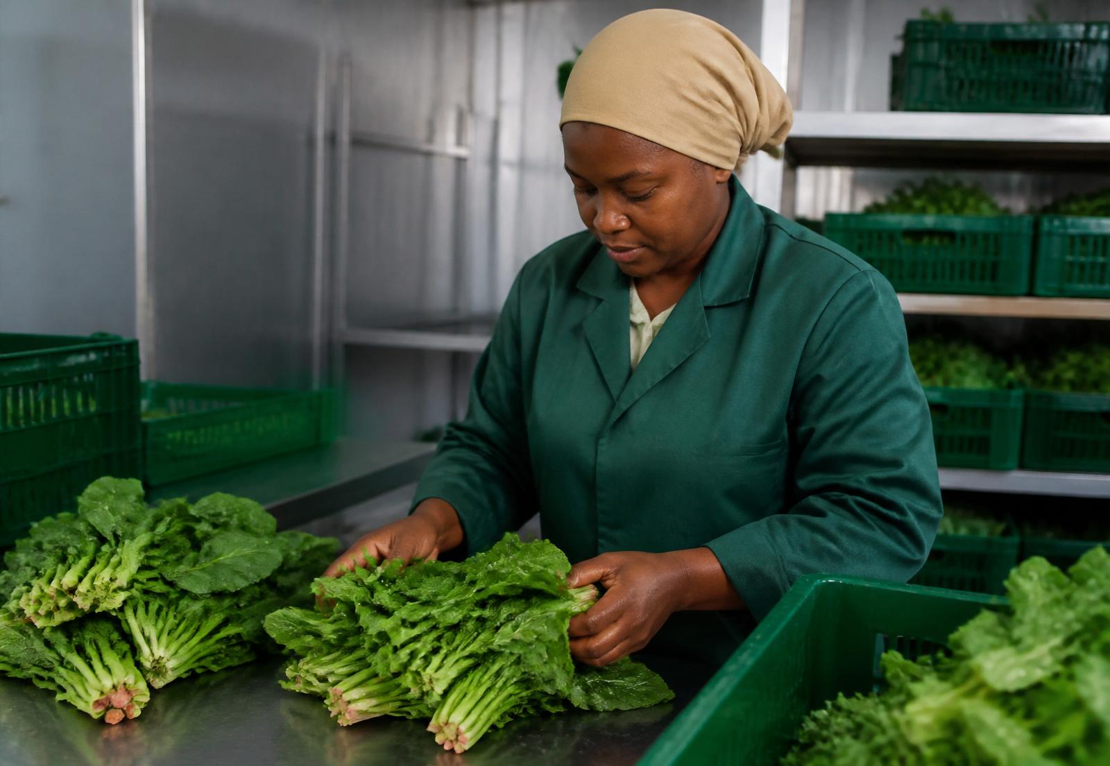 Asili pack-house worker carefully sorting fresh leafy greens in a cold-storage facility